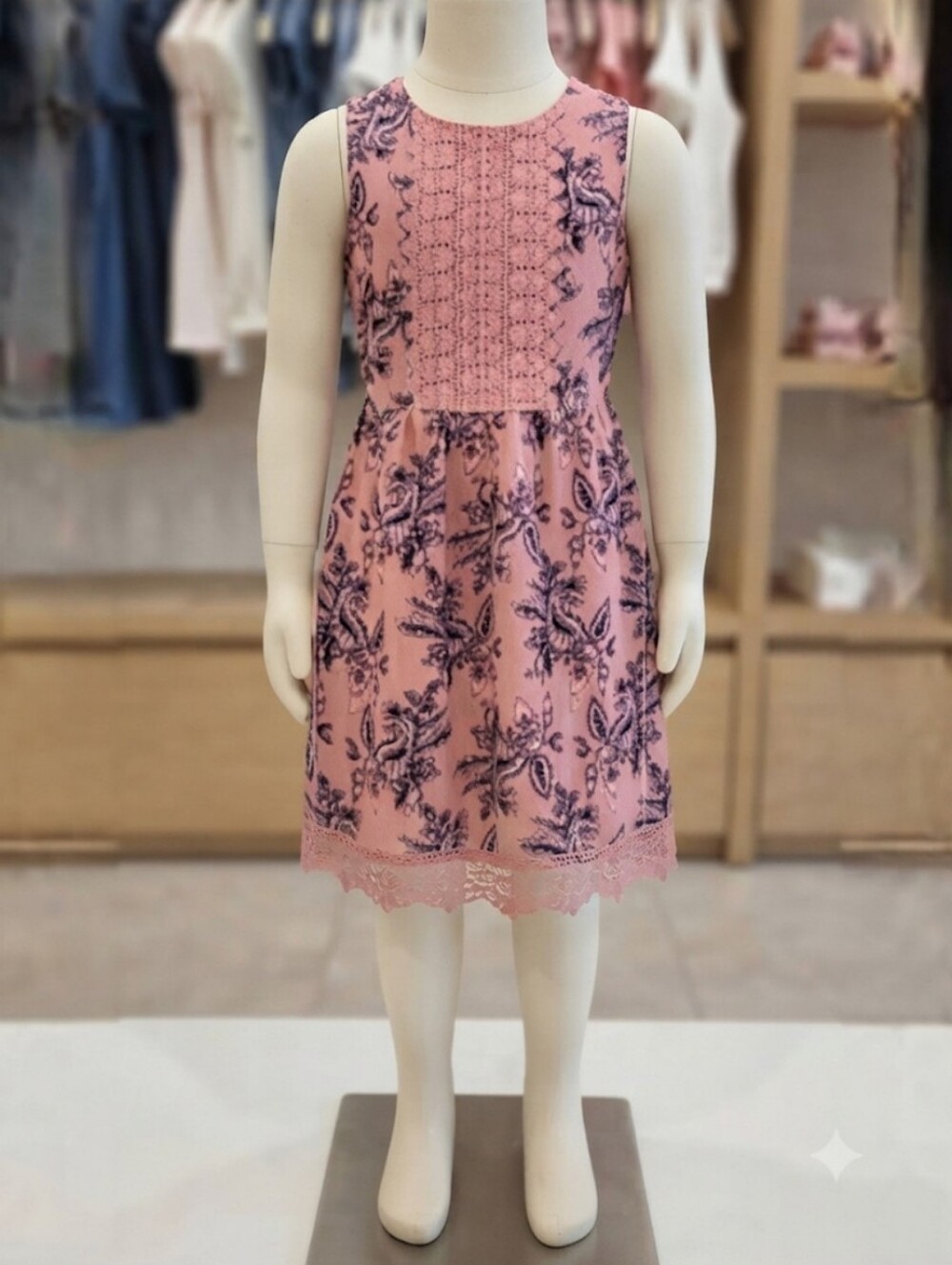 Beautees Girls Sleeveless Rose Paisley Print Dress With Lace Bodice/Hem Size 12